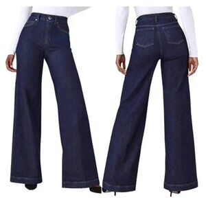 Spanx Wide Leg Pull On Jeans Size XL Raw Indigo Stretch Flattering High Waist